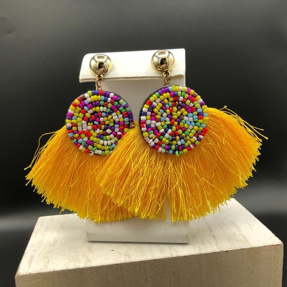 Fringe Fan Earrings Multicolor Beaded Yellow Tassel Boho Festival Dangle Drops - Picture 5 of 7